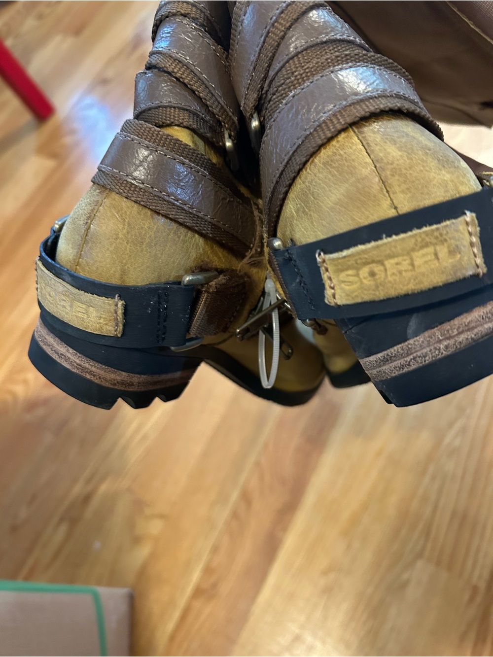 Sorel Tan and Dark Brown Leather Strap Boots